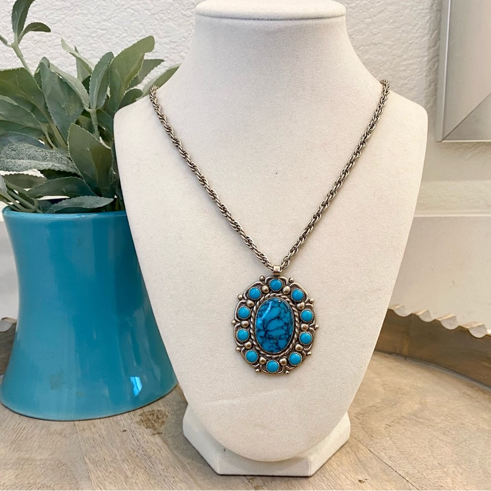 Vintage Bell Trading Post Silver Nickel Turquoise Pendant Necklace